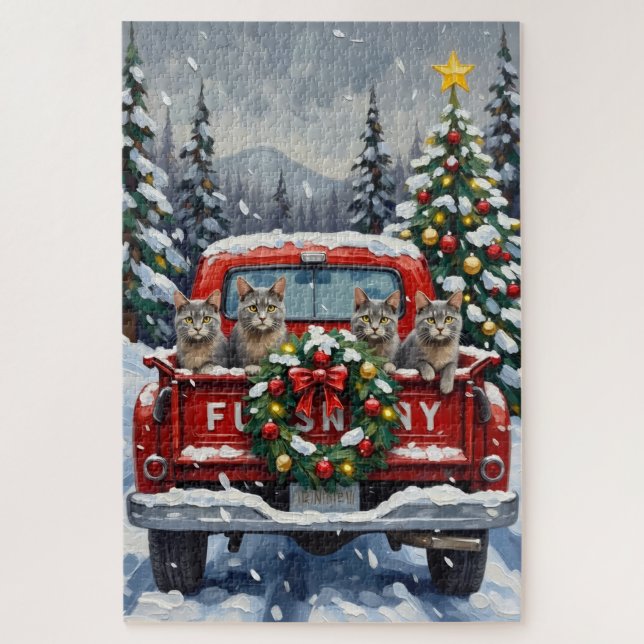 Russian Blue Cat Christmas Red Truck Holiday Jigsaw Puzzle (Vertical)