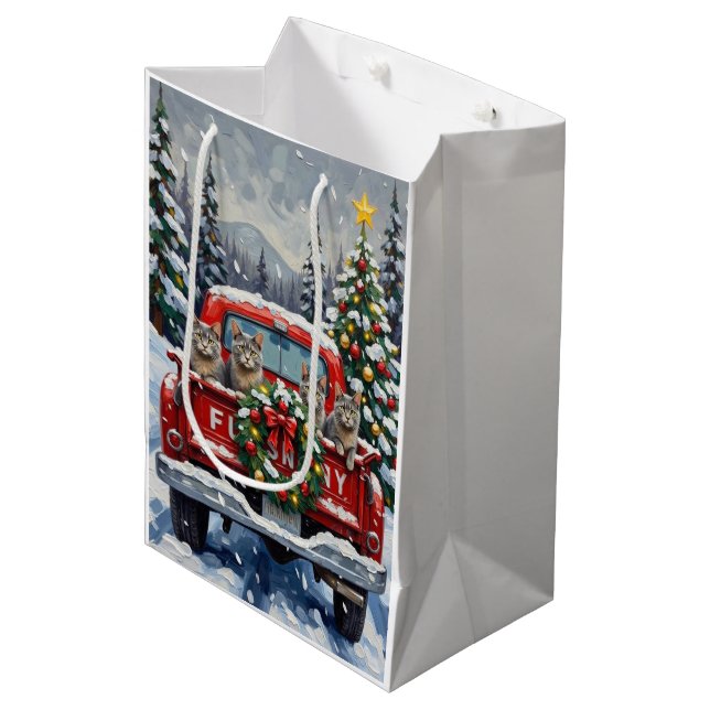 Russian Blue Cat Christmas Red Truck Holiday Medium Gift Bag (Front Angled)