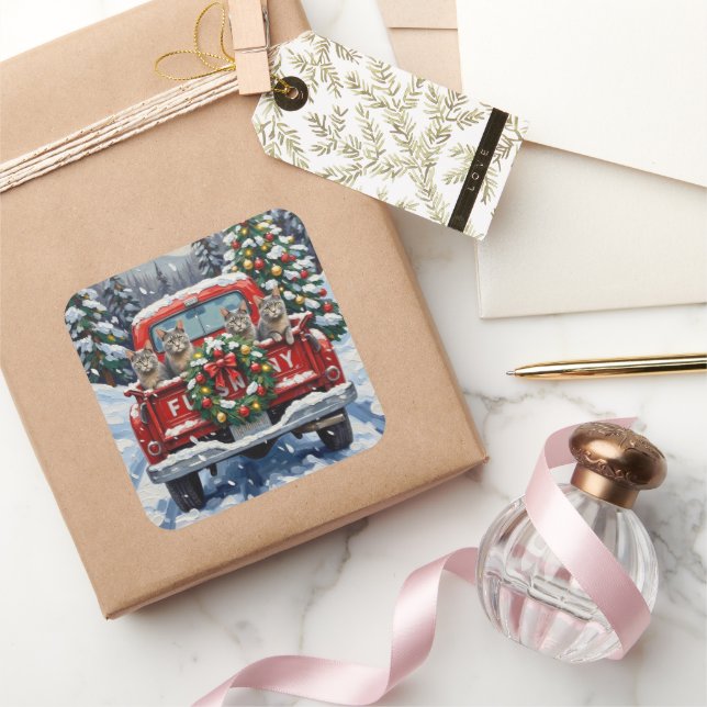 Russian Blue Cat Christmas Red Truck Holiday Square Sticker (Gifting)