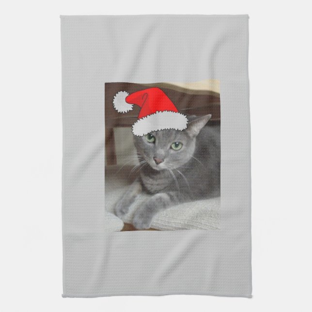 Russian Blue Cat Christmas Tea Towel (Vertical)