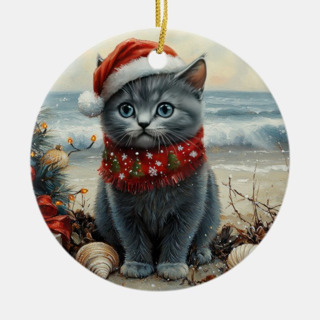 Russian Blue Cat Christmas Vintage Beach  Ceramic Tree Decoration (Front)