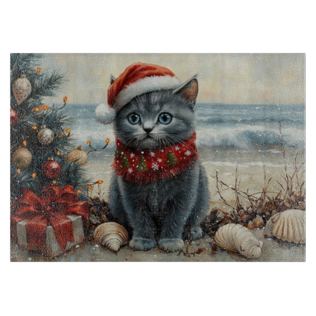 Russian Blue Cat Christmas Vintage Beach  Cutting Board (Front)