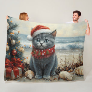 Russian Blue Cat Christmas Vintage Beach Fleece Blanket