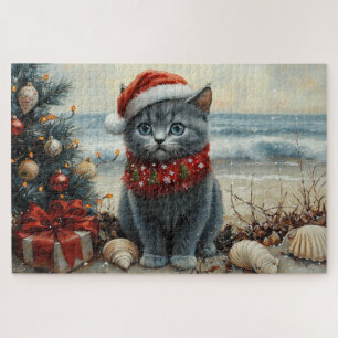 Russian Blue Cat Christmas Vintage Beach  Jigsaw Puzzle