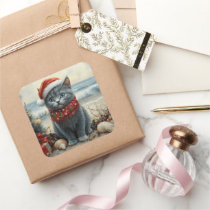Russian Blue Cat Christmas Vintage Beach Square Sticker