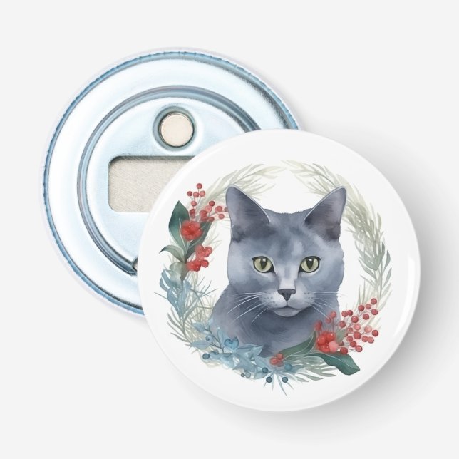 Russian Blue Cat Christmas Wreath Festive Kitten Bottle Opener (Front)
