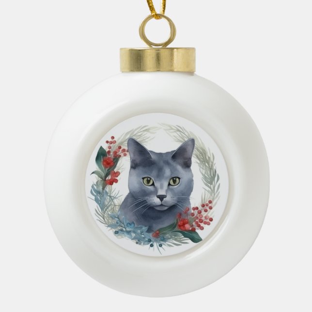Russian Blue Cat Christmas Wreath Festive Kitten Ceramic Ball Christmas Ornament (Front)
