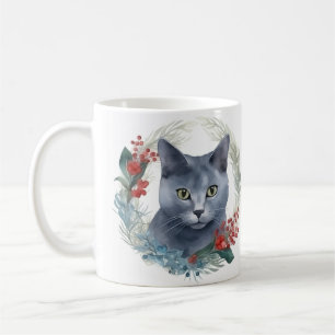 Russian Blue Cat Christmas Wreath Festive Kitten Coffee Mug