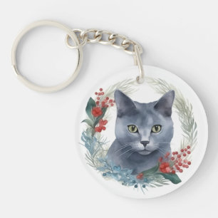 Russian Blue Cat Christmas Wreath Festive Kitten Key Ring