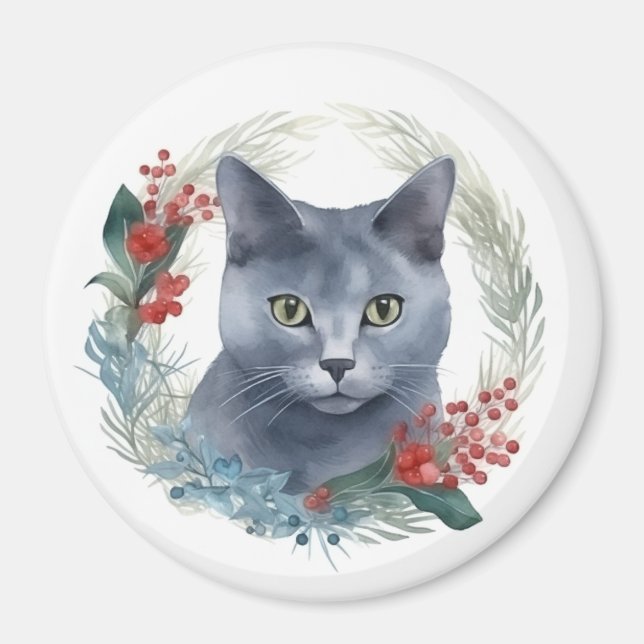 Russian Blue Cat Christmas Wreath Festive Kitten Magnet (Front)