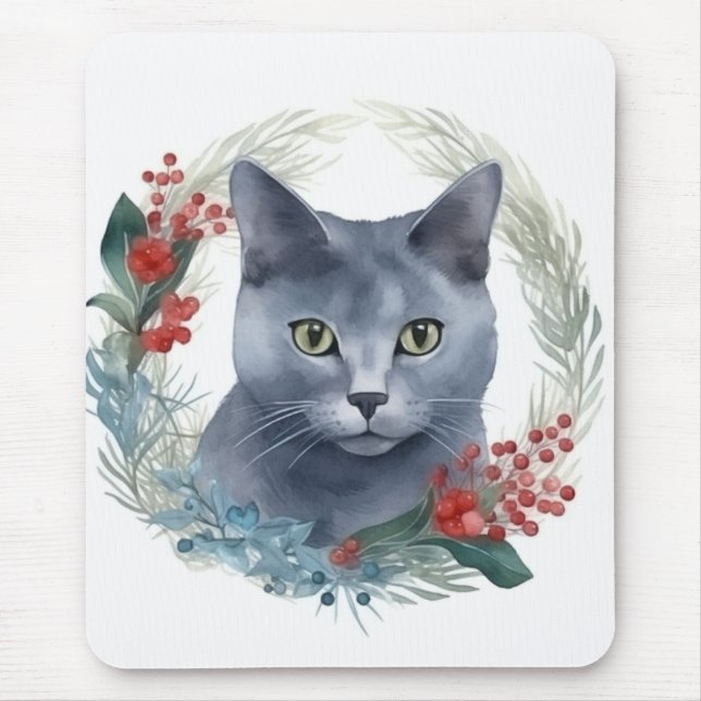 Russian Blue Cat Christmas Wreath Festive Kitten Mouse Mat (Front)