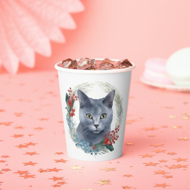 Russian Blue Cat Christmas Wreath Festive Kitten Paper Cups (Insitu)