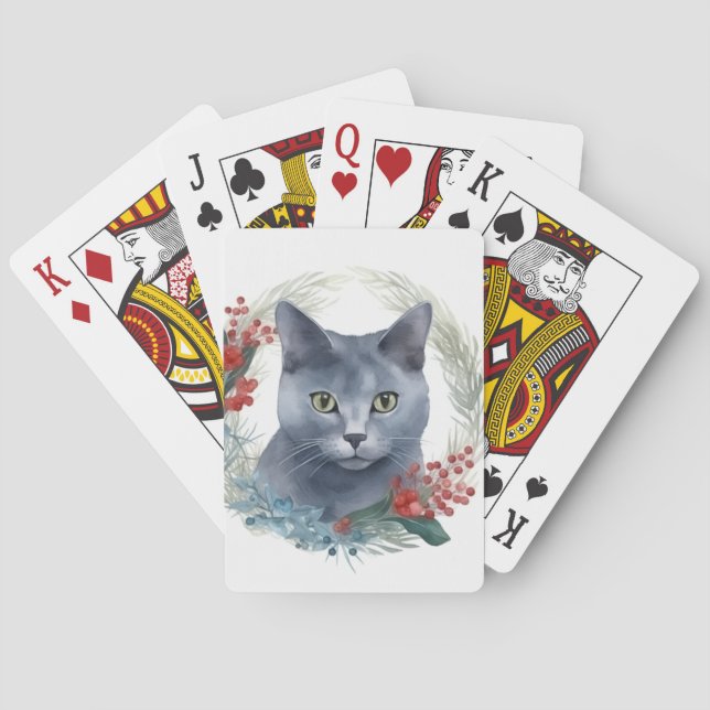 Russian Blue Cat Christmas Wreath Festive Kitten Playing Cards (Back)