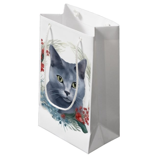 Russian Blue Cat Christmas Wreath Festive Kitten Small Gift Bag (Front Angled)