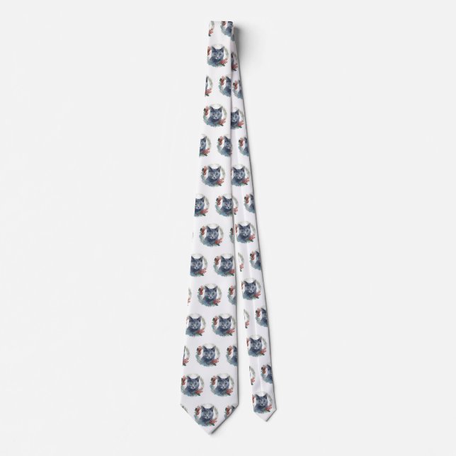 Russian Blue Cat Christmas Wreath Festive Kitten Tie (Front)
