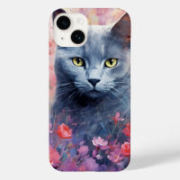 Russian Blue cat colourful watercolor artwork