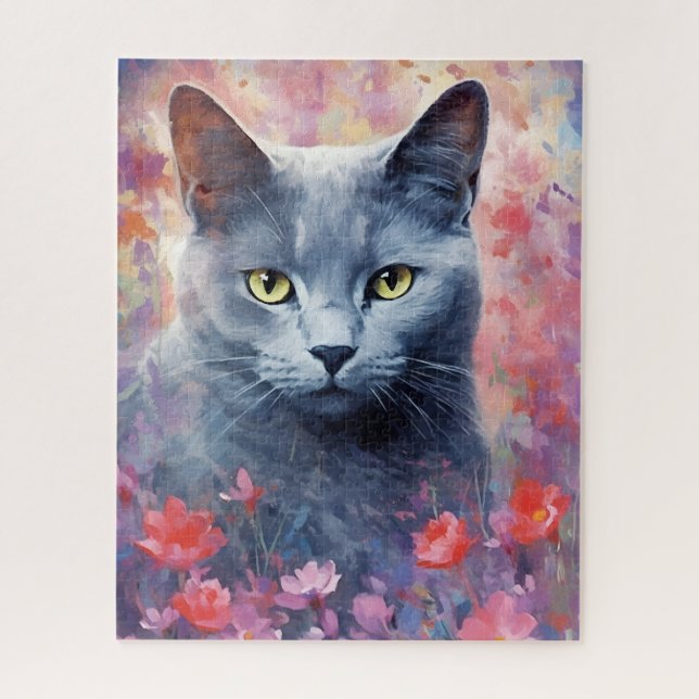 Russian Blue cat colourful watercolor artwork Jigsaw Puzzle (Vertical)