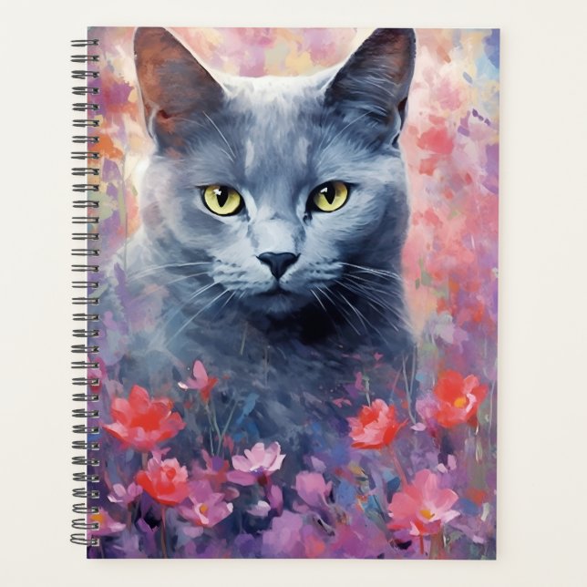 Russian Blue cat colourful watercolor artwork Planner (Front)