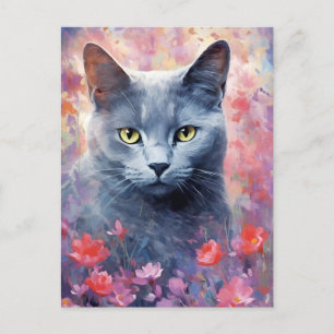 Russian Blue cat colourful watercolor artwork Postcard