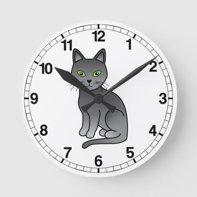 Russian Blue Cat Cute Cartoon Illustration Round Clock (Front)
