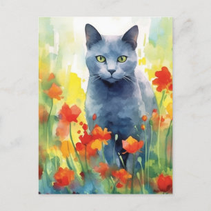 Russian Blue Cat Flower field Postcard