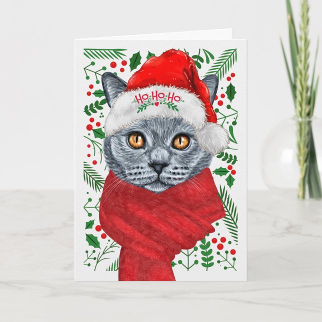 Russian Blue Cat in a Santa Hat Meowy Christmas Holiday Card (Front)