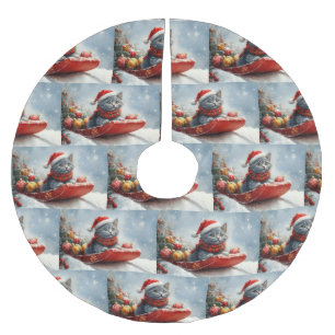 Russian Blue Cat in Sledge Let it Snow Christmas Brushed Polyester Tree Skirt