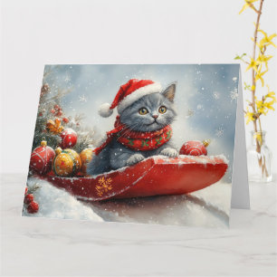 Russian Blue Cat in Sledge Let it Snow Christmas Card