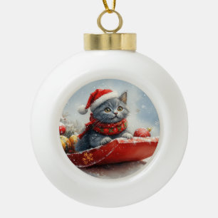 Russian Blue Cat in Sledge Let it Snow Christmas Ceramic Ball Christmas Ornament