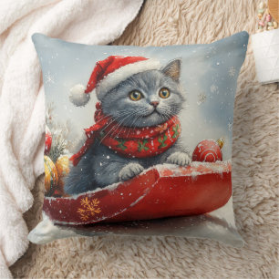 Russian Blue Cat in Sledge Let it Snow Christmas Cushion