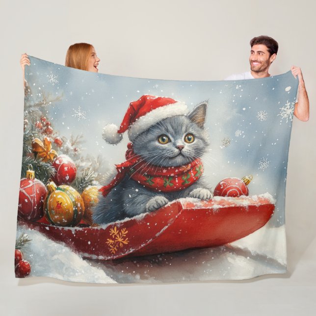 Russian Blue Cat in Sledge Let it Snow Christmas Fleece Blanket (In Situ)