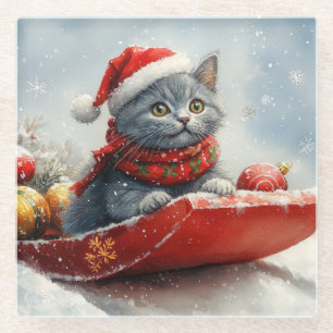 Russian Blue Cat in Sledge Let it Snow Christmas Glass Coaster