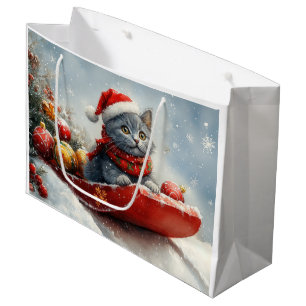 Russian Blue Cat in Sledge Let it Snow Christmas Large Gift Bag