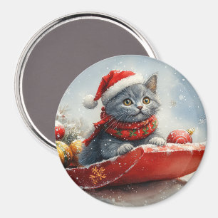 Russian Blue Cat in Sledge Let it Snow Christmas Magnet