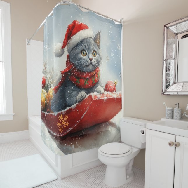 Russian Blue Cat in Sledge Let it Snow Christmas Shower Curtain (In Situ)