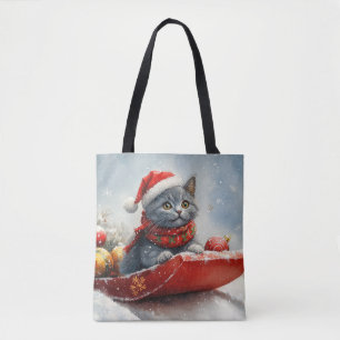 Russian Blue Cat in Sledge Let it Snow Christmas Tote Bag