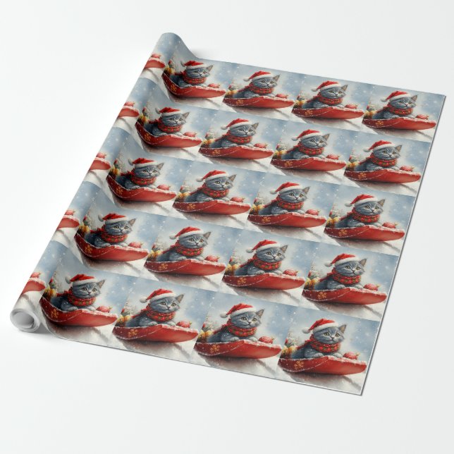 Russian Blue Cat in Sledge Let it Snow Christmas Wrapping Paper (Unrolled)