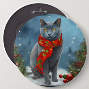 Russian Blue Cat in Snow Christmas 6 Cm Round Badge