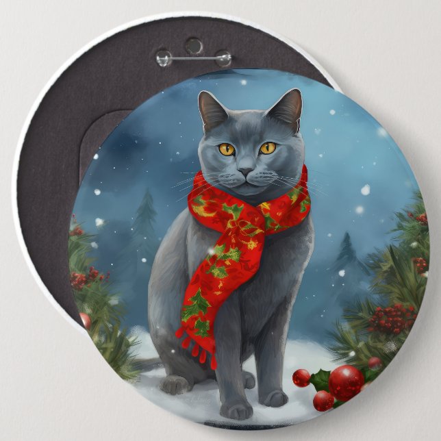 Russian Blue Cat in Snow Christmas 6 Cm Round Badge (Front & Back)