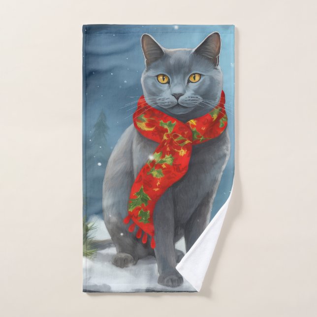 Russian Blue Cat in Snow Christmas Bath Towel Set (Hand Towel)