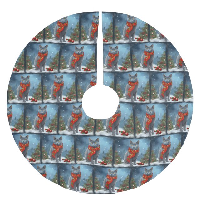 Russian Blue Cat in Snow Christmas Brushed Polyester Tree Skirt (Front)