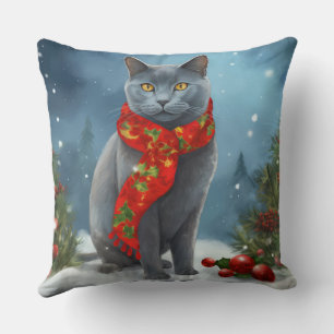 Russian Blue Cat in Snow Christmas Cushion