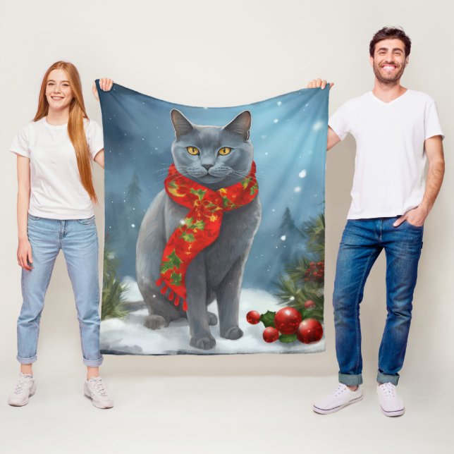 Russian Blue Cat in Snow Christmas Fleece Blanket (In Situ)
