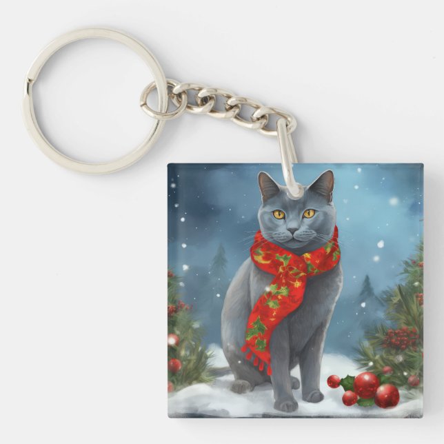 Russian Blue Cat in Snow Christmas Key Ring (Front)