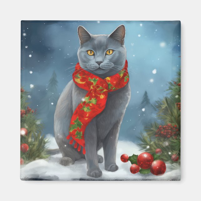 Russian Blue Cat in Snow Christmas Magnet (Front)