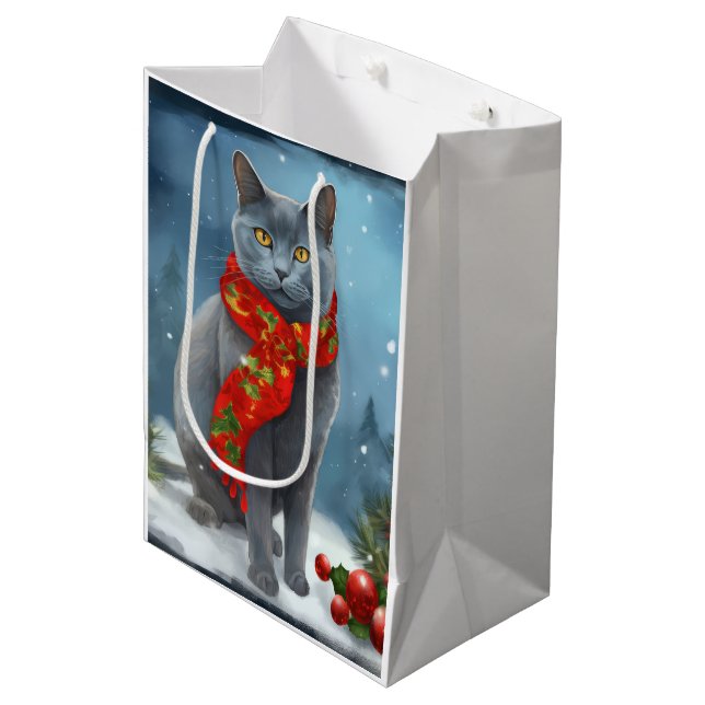 Russian Blue Cat in Snow Christmas Medium Gift Bag (Front Angled)