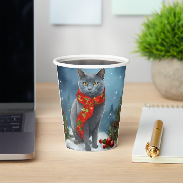 Russian Blue Cat in Snow Christmas Paper Cups (Insitu)