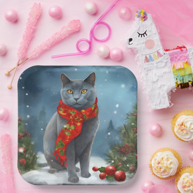 Russian Blue Cat in Snow Christmas Paper Plate (Party)