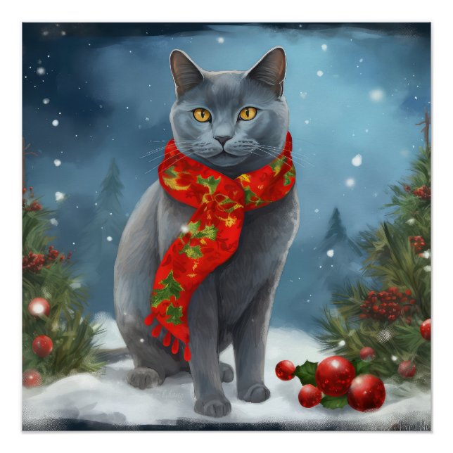 Russian Blue Cat in Snow Christmas Poster (Front)