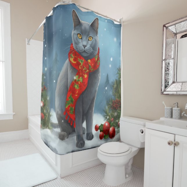 Russian Blue Cat in Snow Christmas Shower Curtain (In Situ)